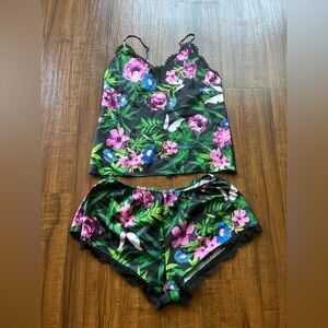 Victoria Secret Black Tropical Floral Satin Pajama 3 piece Set with Lace Trim